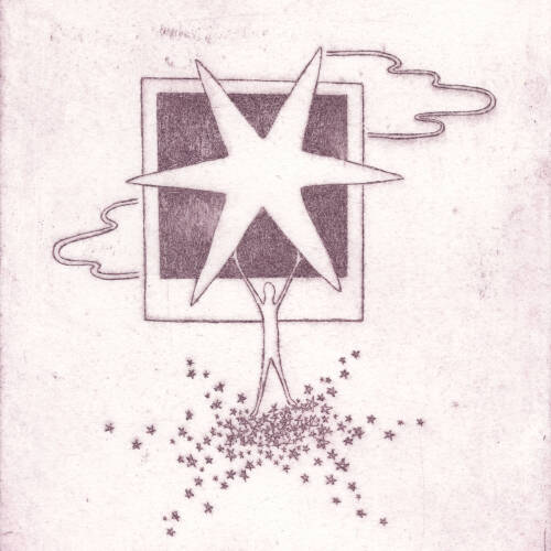 Image of a print by Paloma Havlik of a small cartoon person holding up a large star in front of a blank polaroid picture, standing on top of many tiny stars.